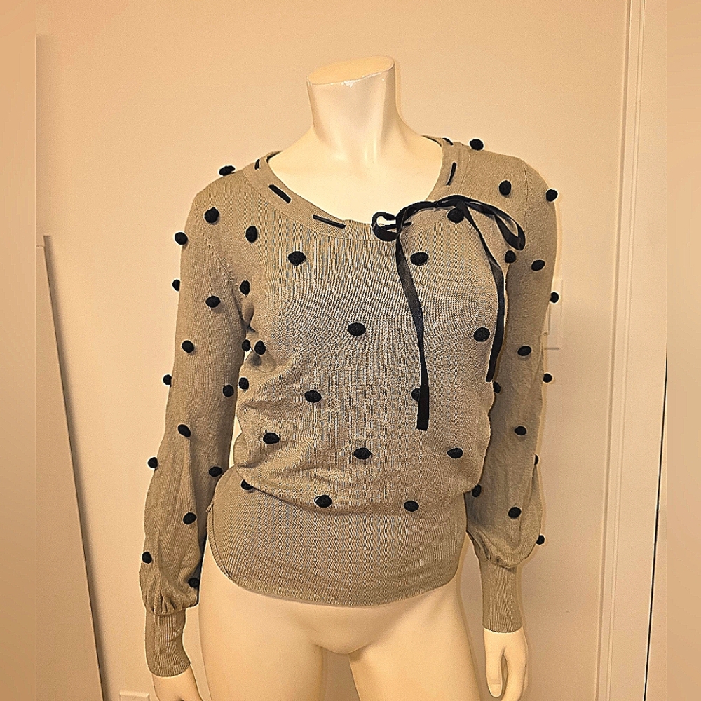 Pinko Taupe Knit Sweater with Black Pom Poms S